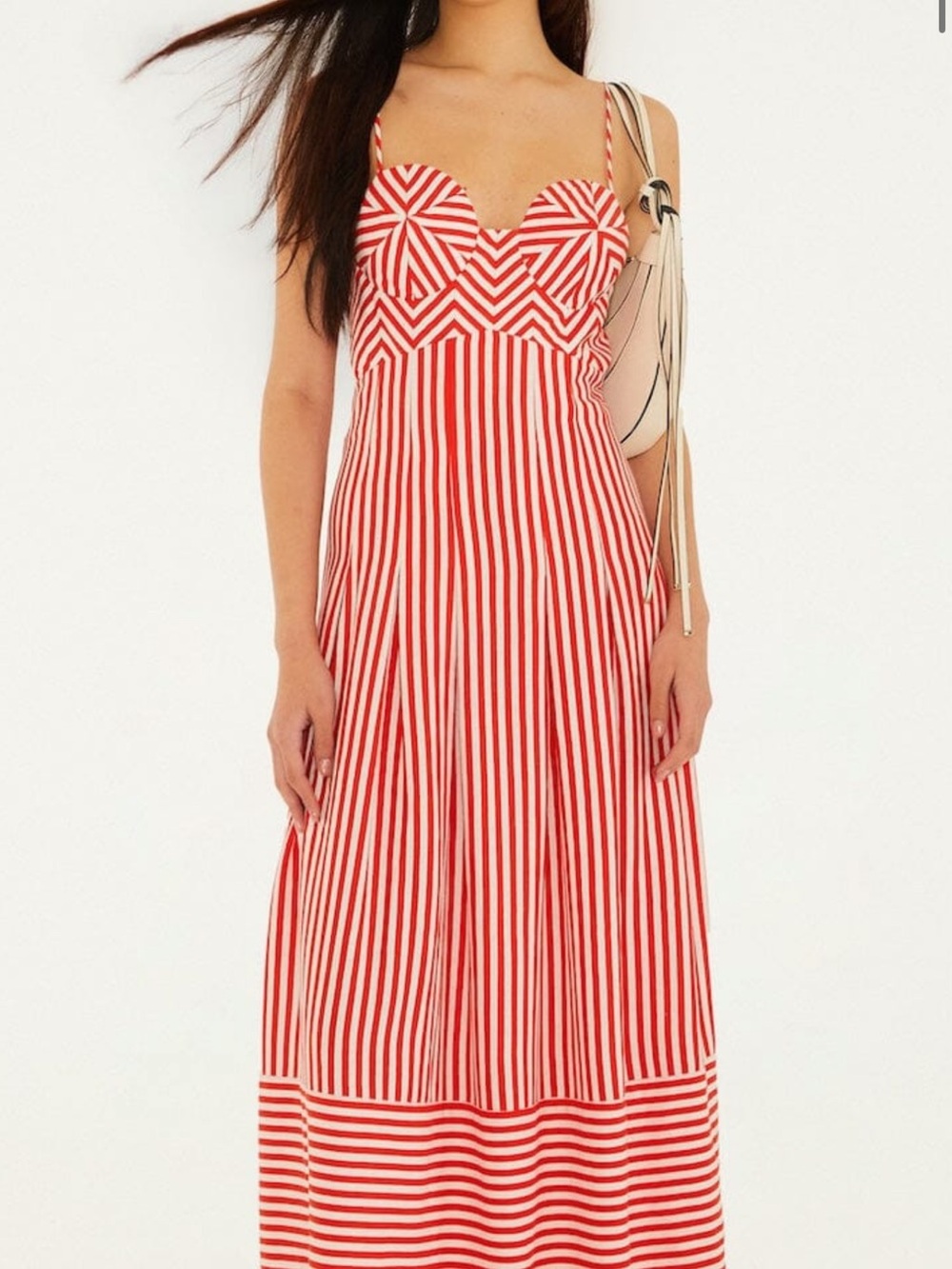 FARM Rio Red and White Striped Sweetheart Maxi Dress